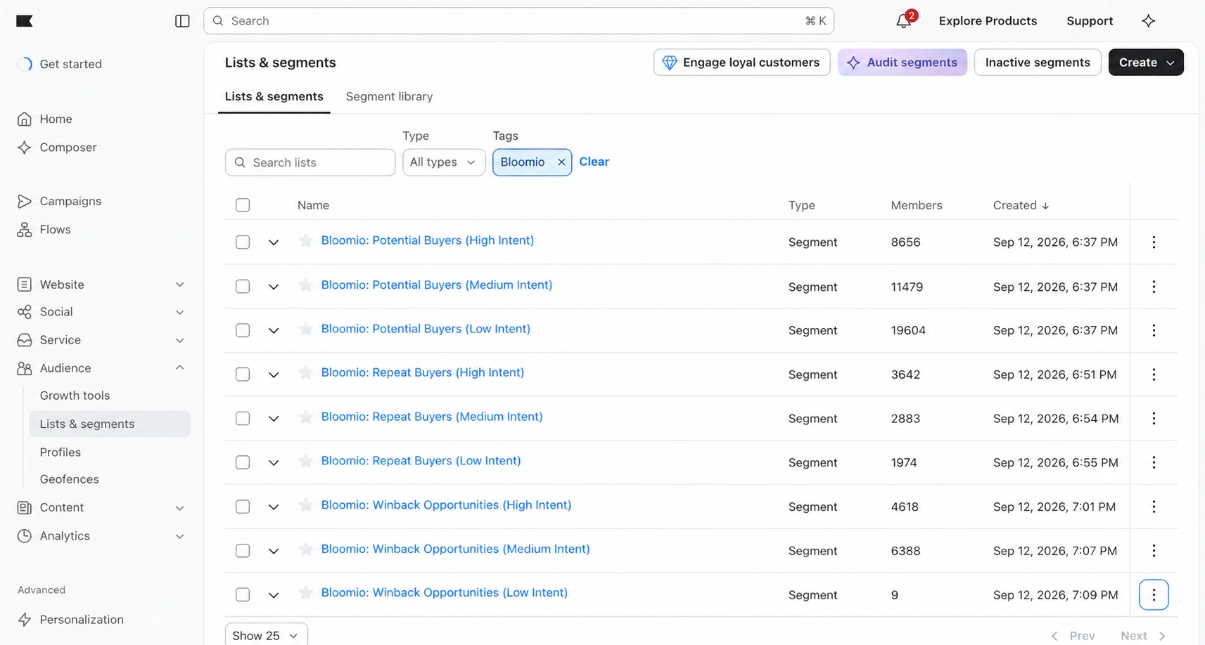 Klaviyo Lists & segments showing nine Bloomio first purchase, repeat purchase, and win back intent segments